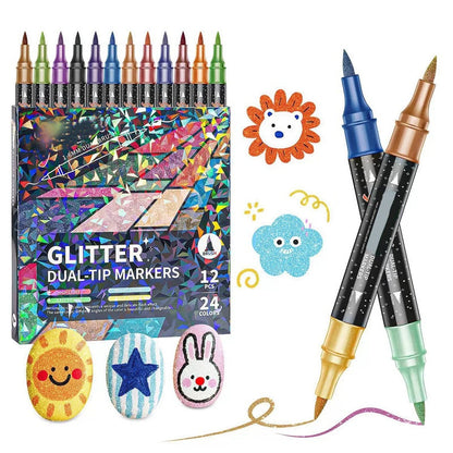 ⏳ Tijdelijke aanbieding⏳ Dubbelzijdige glittermarkers met penseelpunt en fijne punt Twee kleuren per stift Sets van 12 24 36 of 48 stuks Voor tekenen en handletteren